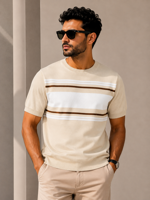 Retro Stripe Knit Tee – Cream