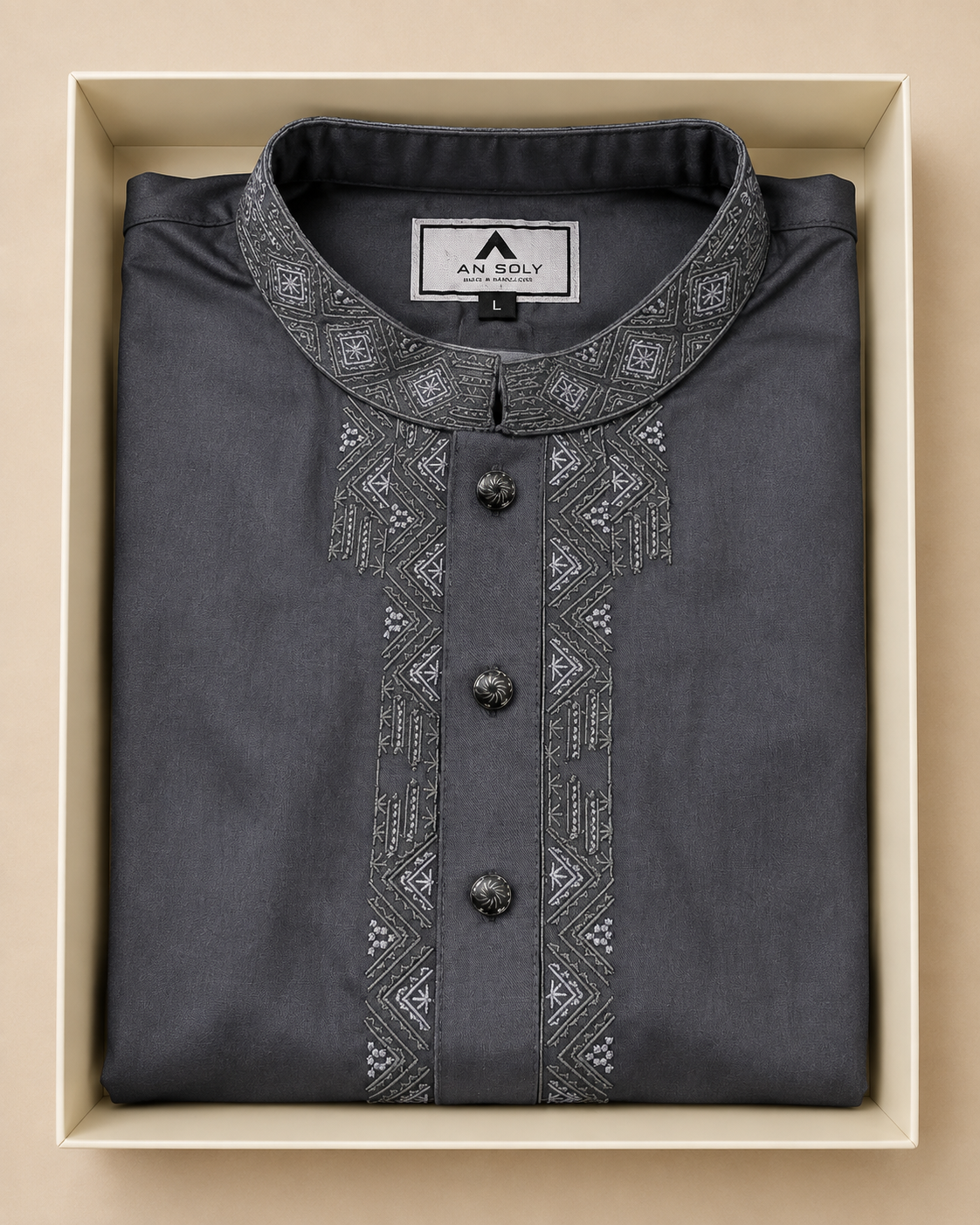 Luxury Charcoal Grey Embroidered Panjabi – Geometric Heritage Design