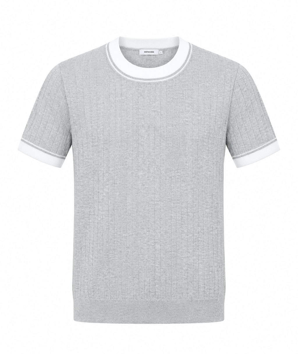 Ribbed Contrast Knit Tee – Light Grey