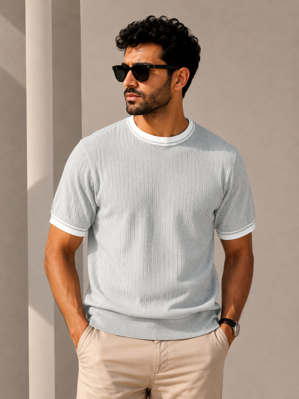 Ribbed Contrast Knit Tee – Light Grey