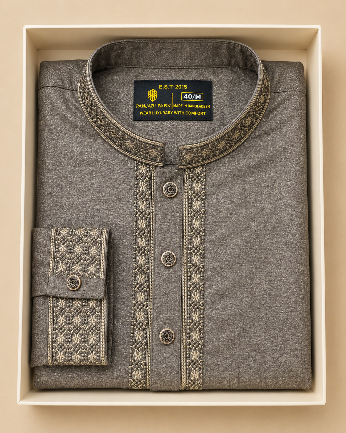Luxury Grey Embroidered Panjabi – Intricate Gold Heritage Detail Main image