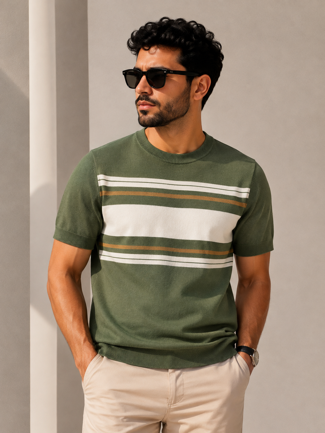 Signature Stripe Knit Tee – Olive Main image
