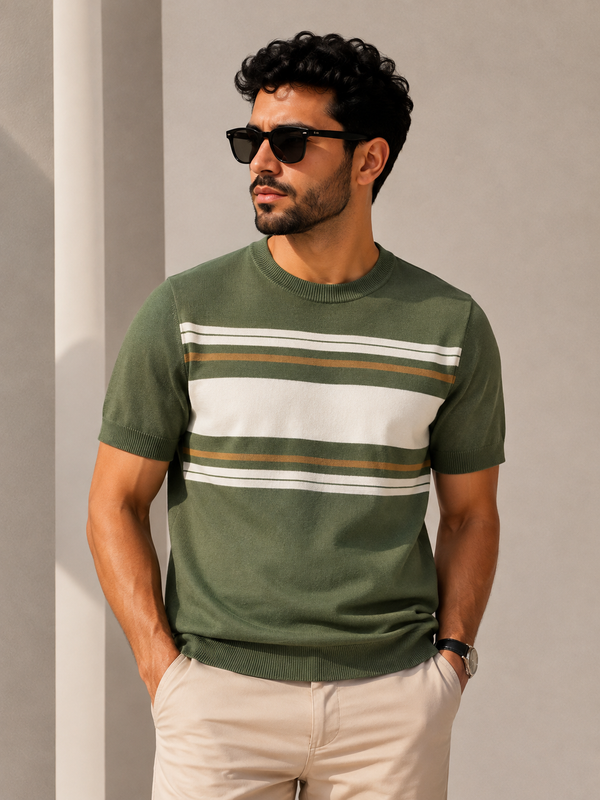 Signature Stripe Knit Tee – Olive