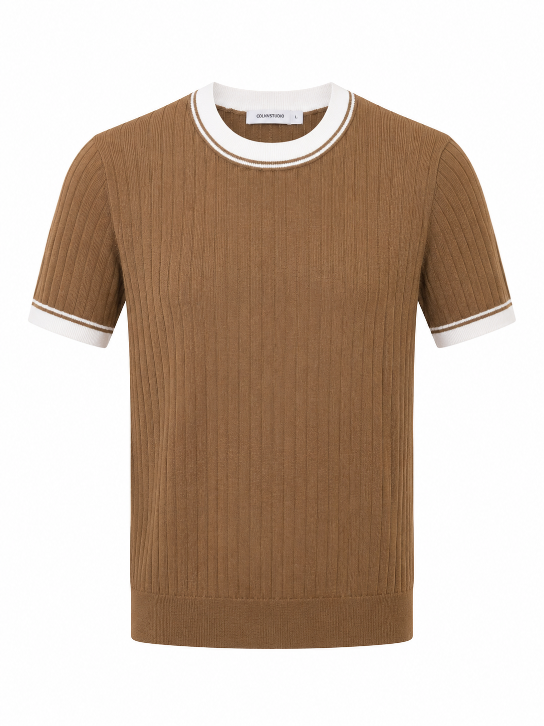 Contrast Ribbed Knit Tee – Mocha Brown