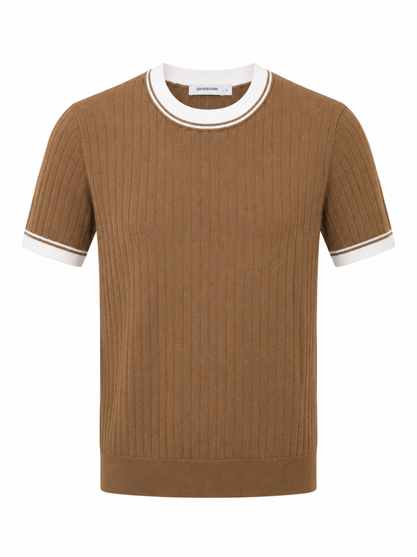 Contrast Ribbed Knit Tee – Mocha Brown