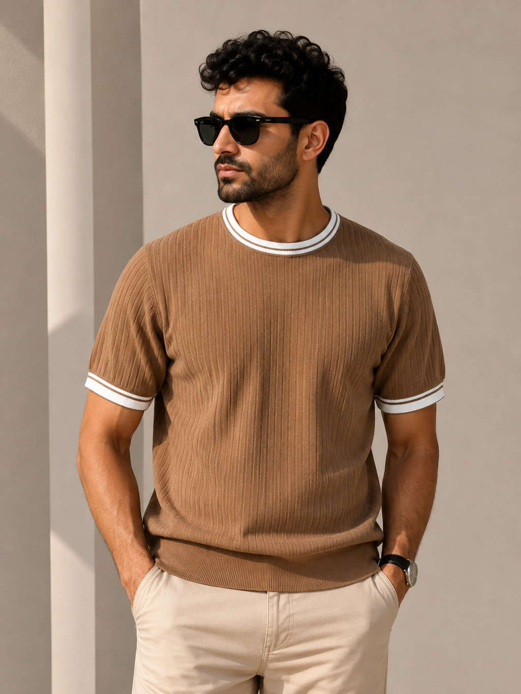 Contrast Ribbed Knit Tee – Mocha Brown