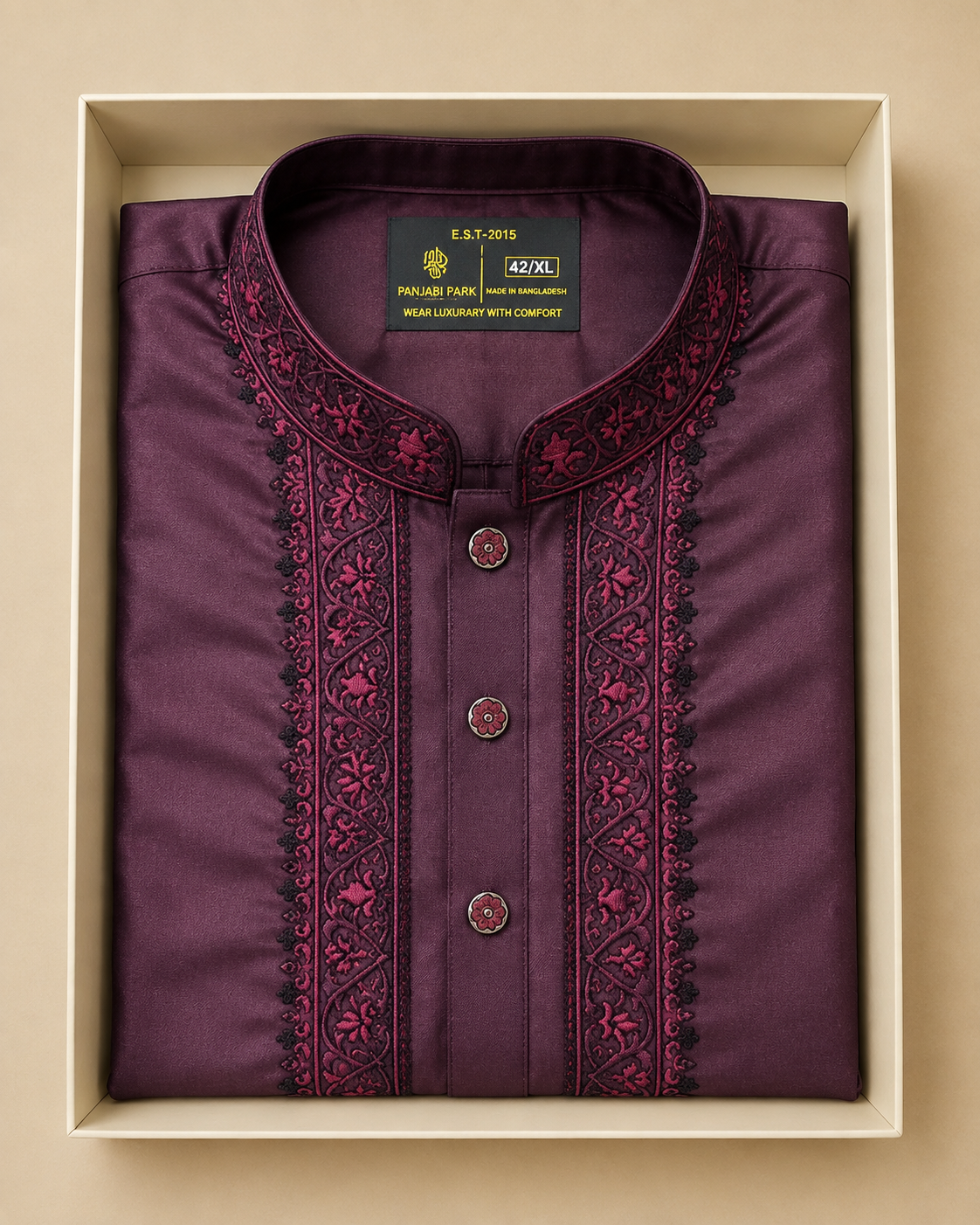Luxury Maroon Embroidered Panjabi – All-Over Motif & Heritage Detail Main image