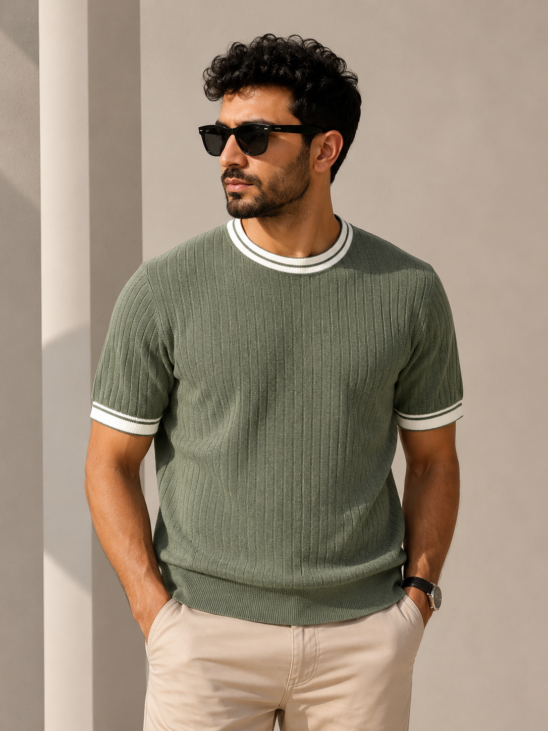 Contrast Ribbed Knit Tee – Olive Green