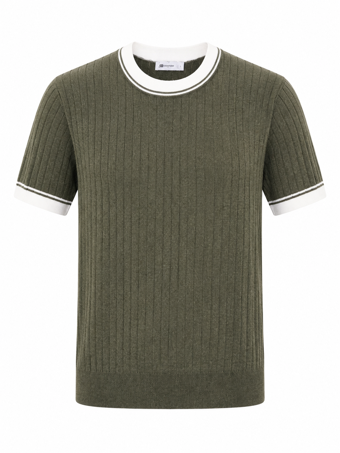 Contrast Ribbed Knit Tee – Olive Green Secondary image