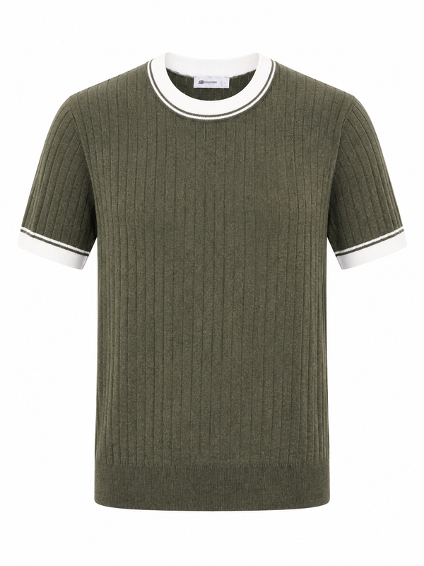 Contrast Ribbed Knit Tee – Olive Green
