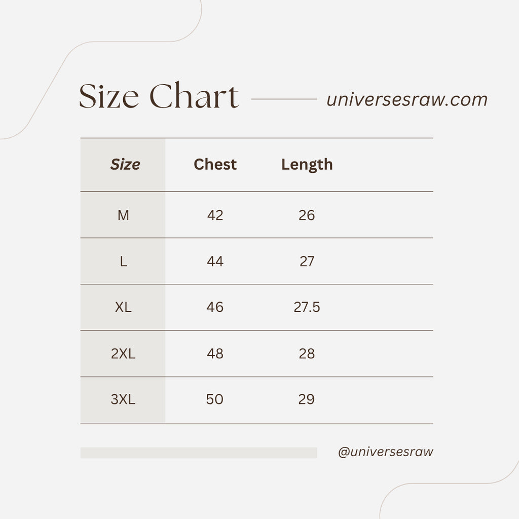 Size chart for clothing with measurements in chest and length on a white background.