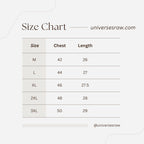 Size chart for clothing with measurements in chest and length on a white background.