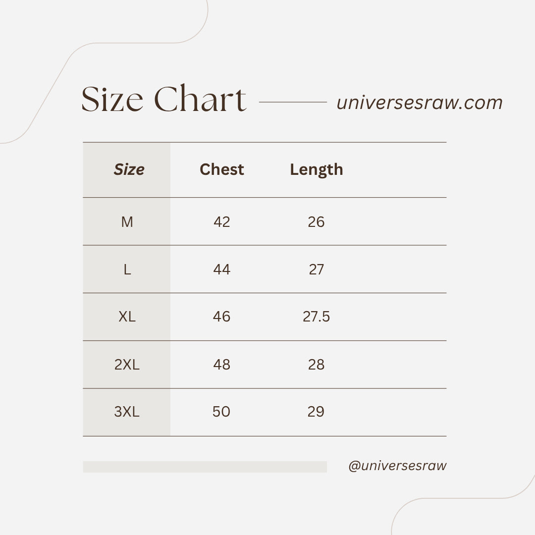 Size chart for clothing with measurements in chest and length on a white background.