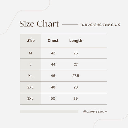 Size chart for clothing with measurements in chest and length on a white background.