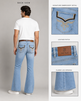 A man shown from the back wearing light-wash flared jeans with a white T-shirt and white sneakers on a light gray studio background. The image includes three inset detail panels on the right highlighting the back pocket embroidery, a leather patch, and the flared leg opening.