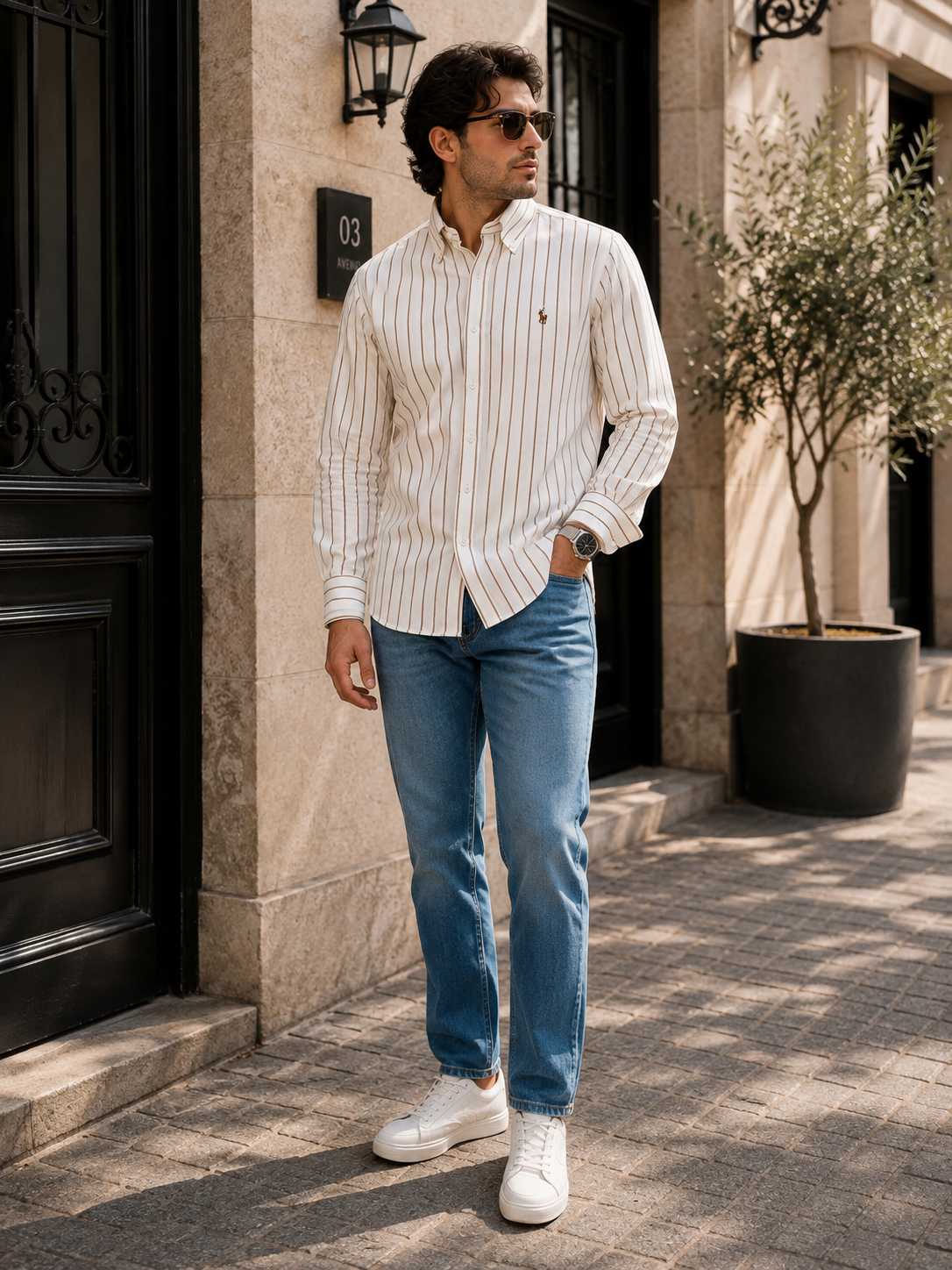Premium White & Tan Striped SHIRT