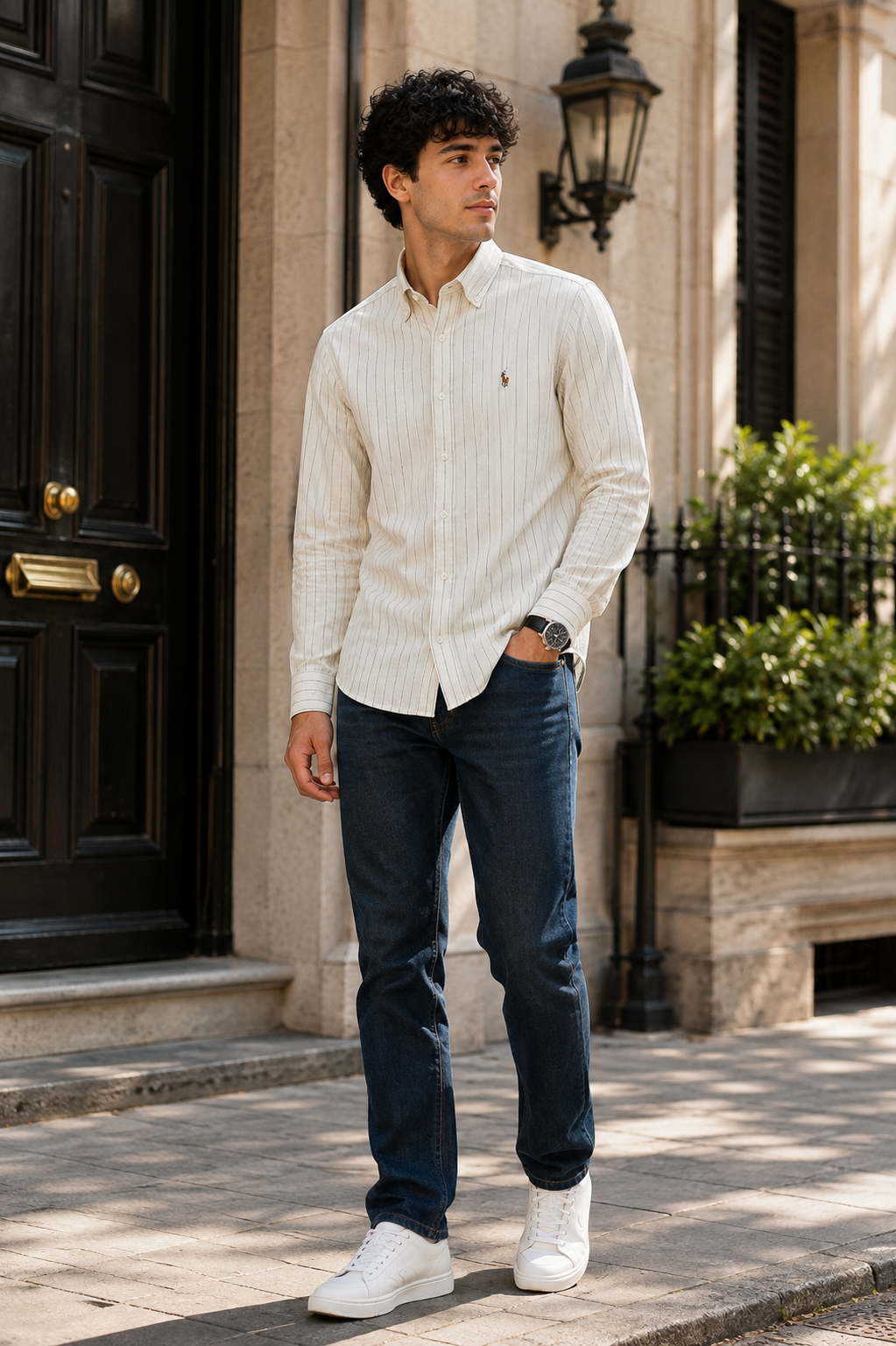 A man wearing a cream-colored, vertically striped long-sleeve button-down shirt by Polo Ralph Lauren, paired with dark blue jeans and white sneakers, standing on a stone sidewalk in front of a building with a black door.