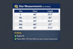 Size measurement chart for clothing with chest and length dimensions on a dark background