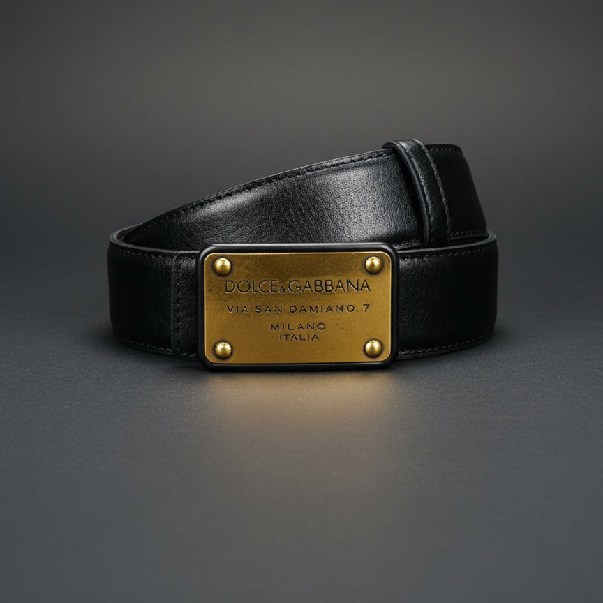 Black Dolce & Gabbana belt with gold plaque on a dark gray background