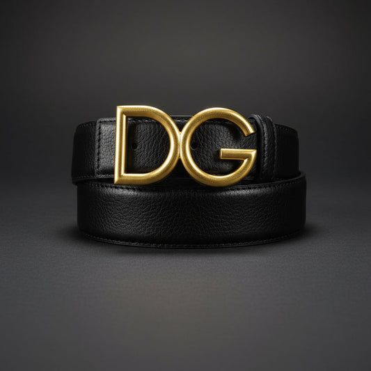 Black leather belt with gold logo on a dark gray background