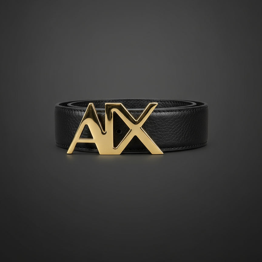 Black belt with gold Armani Exchange logo on a black background