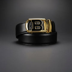 Black belt with a gold buckle on a dark gray background
