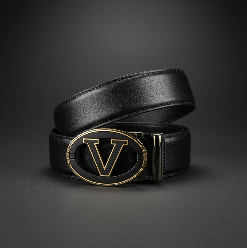 Valentino V-Logo Plaque Belt | Black & Gold | Premium Imported