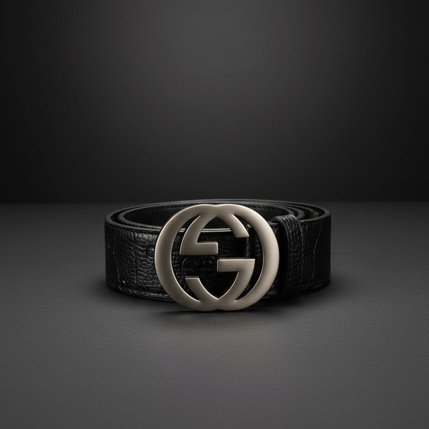 Black leather belt with a gold buckle on a dark background