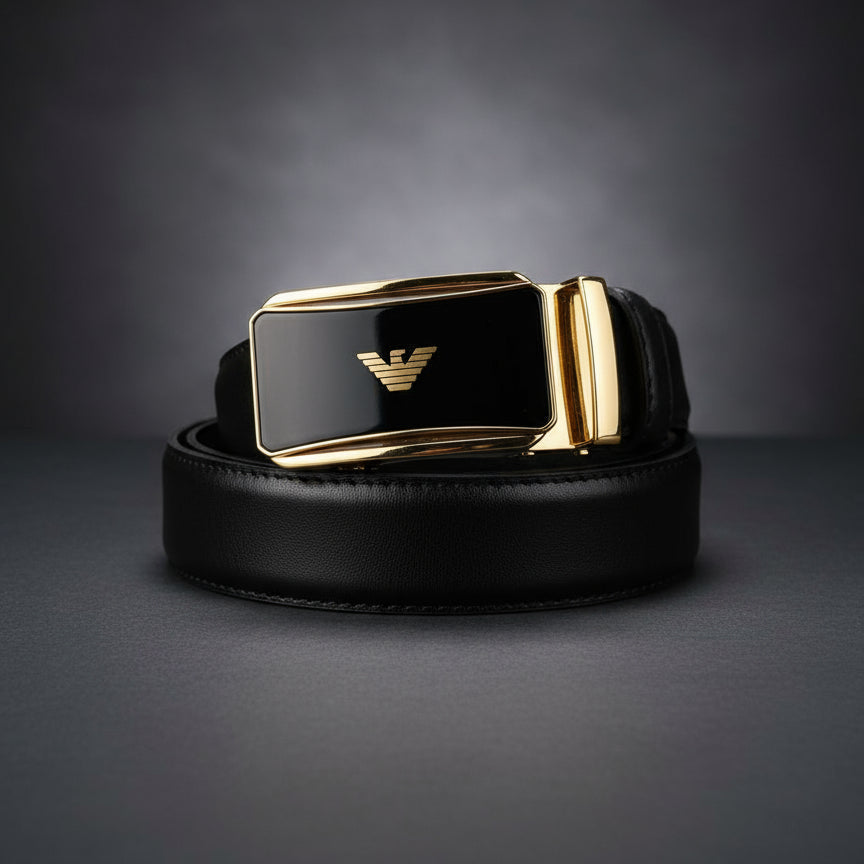 Black belt with gold buckle on a dark background Main image