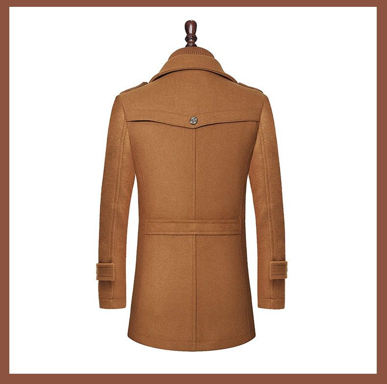 Camel Brown Wool-Blend Semi Long Coat for Men