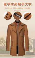 Camel Brown Wool-Blend Semi Long Coat for Men