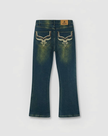 One Man Bootcut Jeans Embroidered Pocket Dark Blue Denim Men's