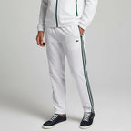White tracksuit with black stripes on a plain background