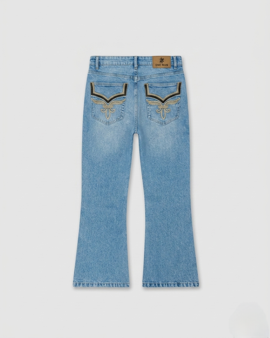 One Man Bootcut Jeans Embroidered Pocket Light Blue Denim Men's