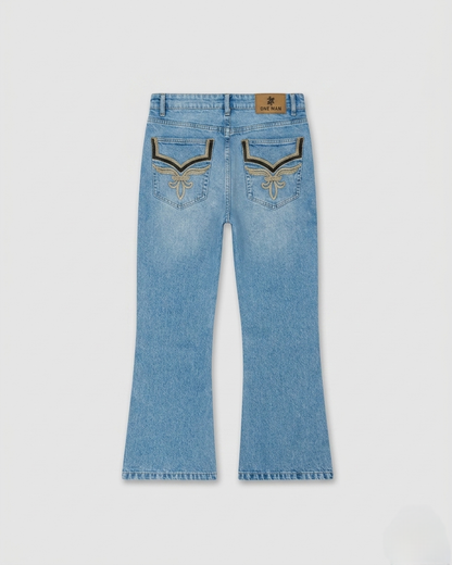 One Man Bootcut Jeans Embroidered Pocket Light Blue Denim Men's