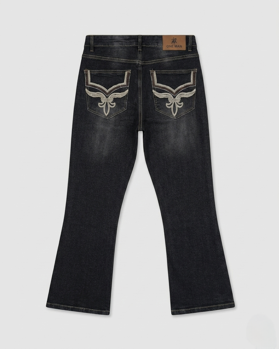 One Man Bootcut Jeans Embroidered Pocket Black Wash Men's