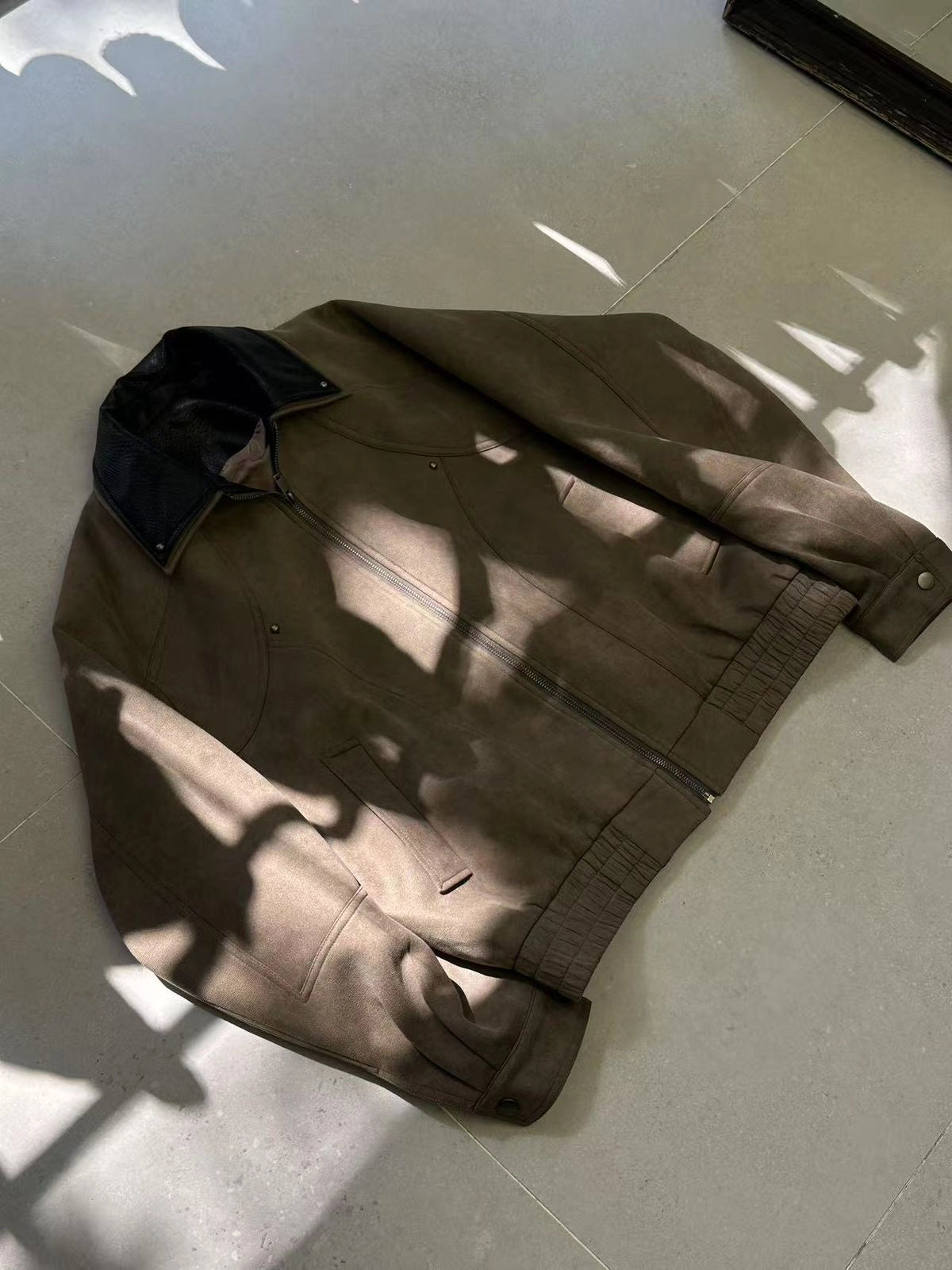 UniversesRaw Snakeskin-Collar Korean Suede Jacket - Stone Grey Secondary image