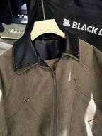 UniversesRaw Snakeskin-Collar Korean Suede Jacket - Stone Grey