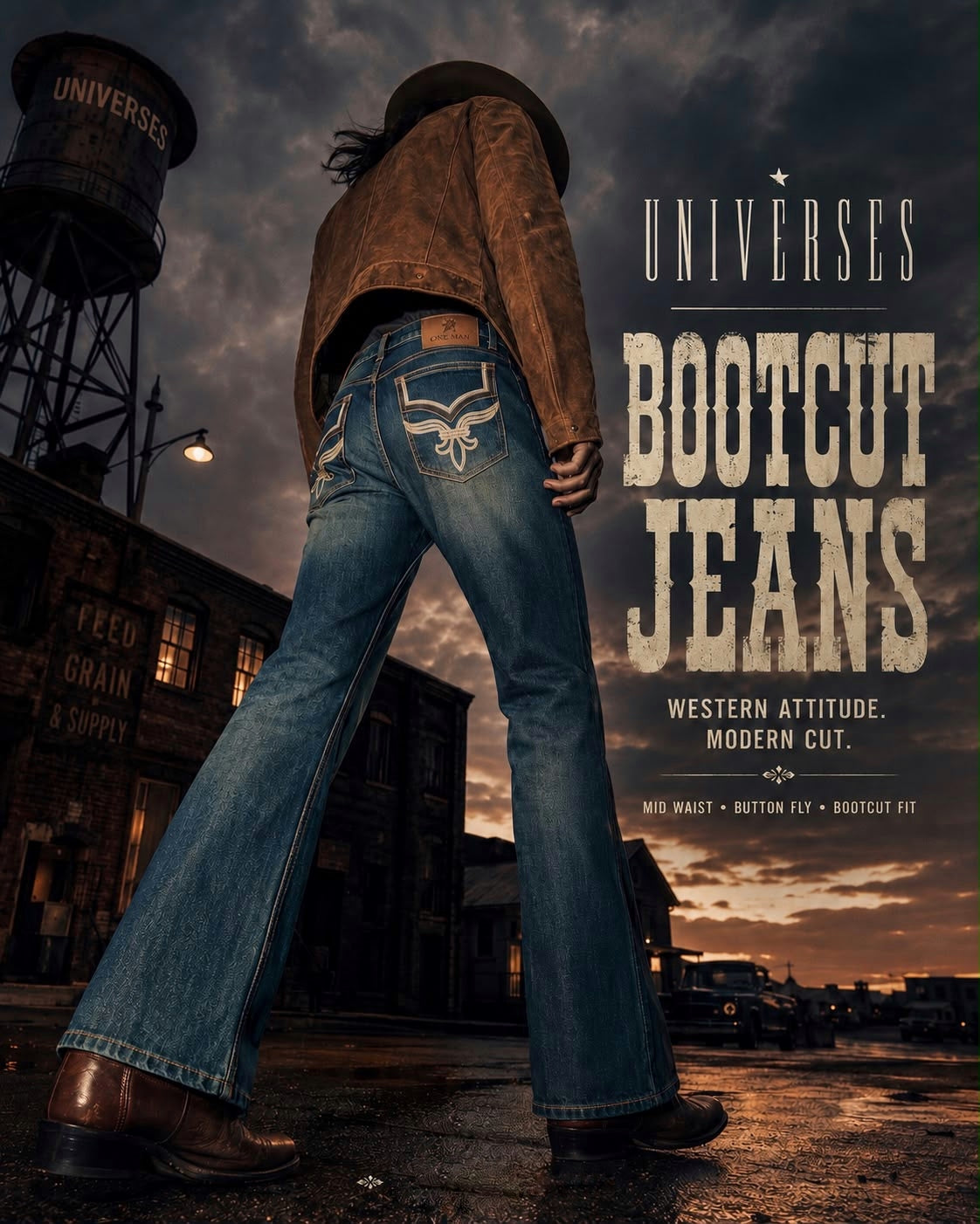 A person wearing a brown jacket, wide-leg blue jeans with western embroidery, and brown boots stands in a dark, moody town street scene. Large text on the right reads 'UNIVERSES BOOTCUT JEANS' with smaller descriptive copy.