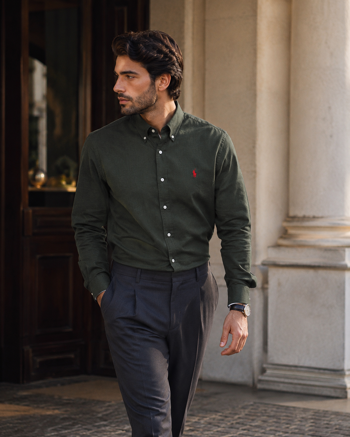 Premium Olive Remi Cotton Slim Fit Shirt