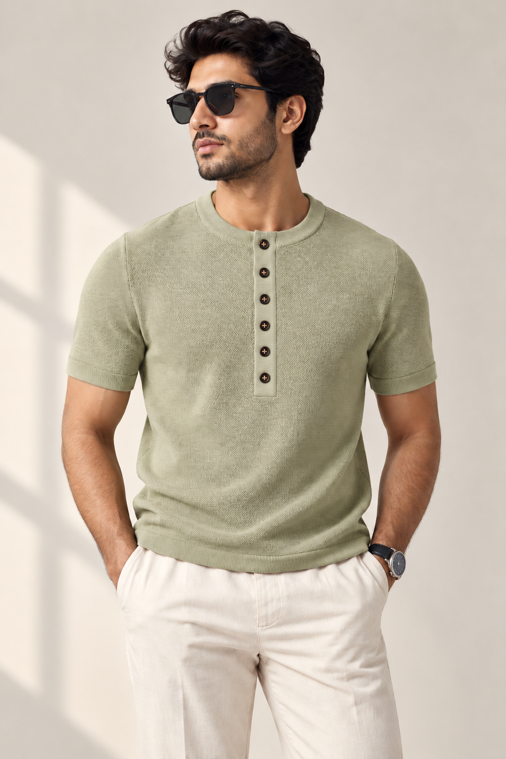 Essential Knit Henley Polo – Sage Green