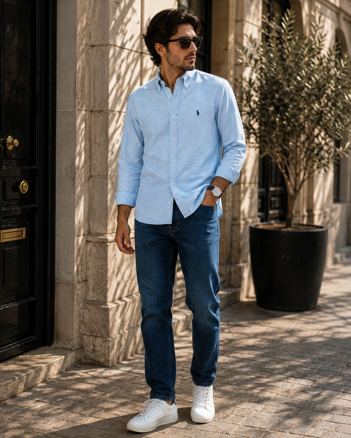 A man wearing a light blue long-sleeve button-down shirt, dark blue jeans, and white sneakers stands on a sunlit stone sidewalk next to a black door and a potted tree.