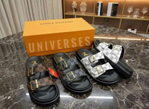 Louis Vuitton sandals with a branded box on a marble surface