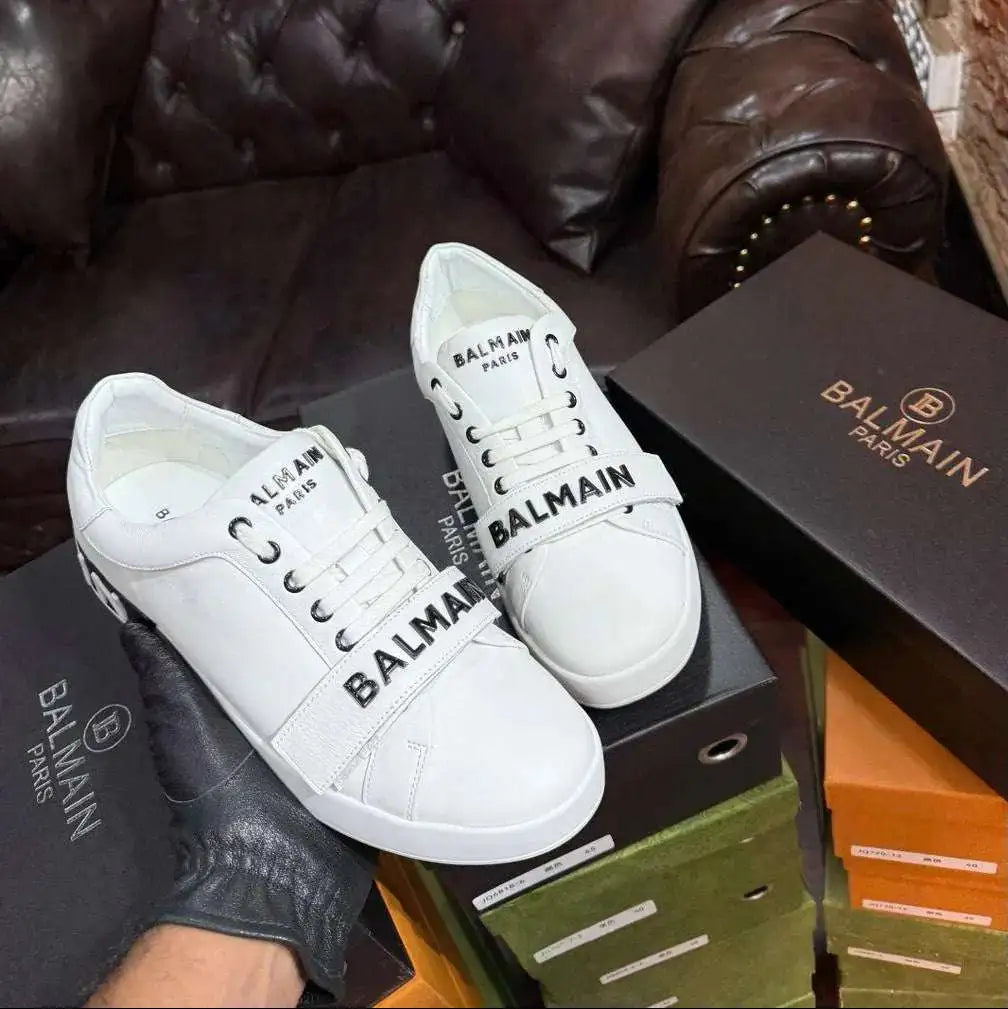 Balmain Men's Logo Strap Leather Sneakers | Luxury Designer Trainers Main image