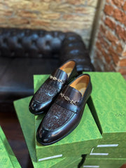 Gucci Men's Embossed GG Horsebit Tassel| Burnished Leather Designer Shoes