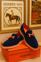Hermès Men's 'H' Logo Suede Loafers | Navy & Orange Designer Casual Shoes