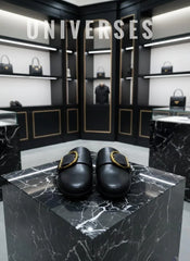 Men's Luxury Leather Mules with Sculptural Gold Buckle | Designer Half Shoes