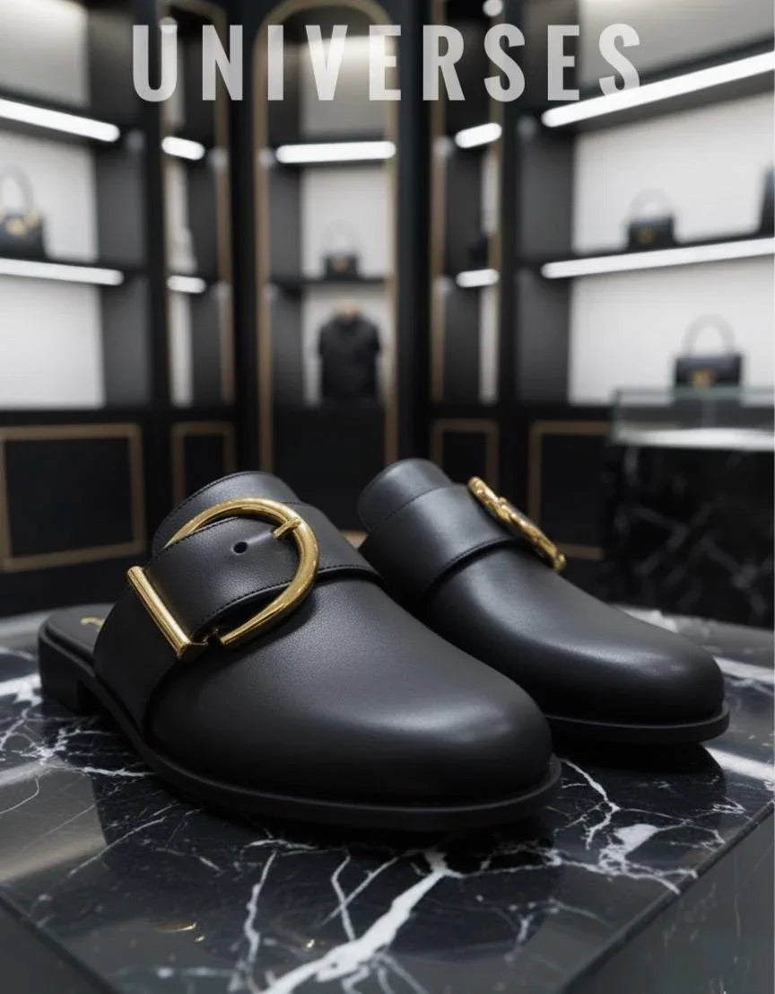 Men's Luxury Leather Mules with Sculptural Gold Buckle | Designer Half Shoes