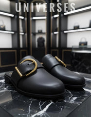 Men's Luxury Leather Mules with Sculptural Gold Buckle | Designer Half Shoes
