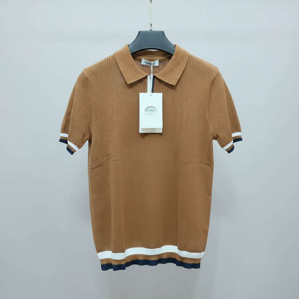 Brown knitted polo shirt with a tag on a hanger in a store setting
